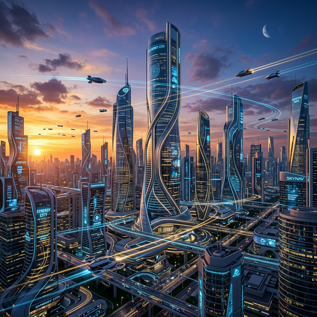 A futuristic smart city skyline at sunset, ultra-modern skyscrapers with glowing LED interfaces, high-tech flying vehicles on subtle trails, neon blue and golden color palette, extremely premium architectural design, no people, hyper-realistic 8k render.