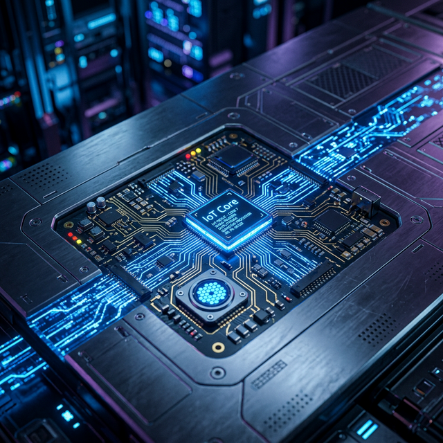 Macro shot of futuristic IoT circuitry and sensors integrated into a polished metallic surface, glowing blue data streams, high-tech engineering aesthetic, no people, sharp focus, cinematic lighting.